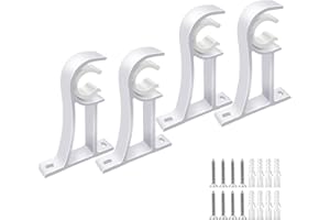 KOLAKO Curtain Rod Holders, Curtain Rod Bracket Set of 4 Rod Brackets White Heavy Duty Single Drapery Rod Holder With Screws, Curtain Holders Hooks For Wall Curtain Brackets For 1-1.2 Inch Curtain Rod