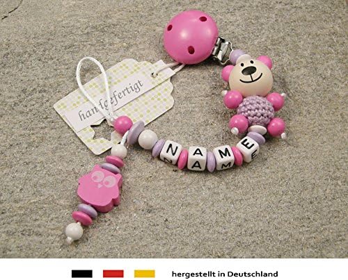 Personalised Baby Dummy Clip Chain | Pacifier Soother Holder with Preferred Name – Girls Motif Bear & Pink owl