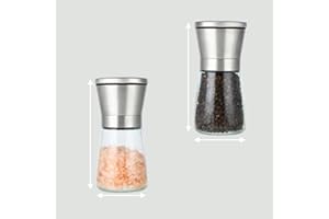 Wenrescry Salt and Pepper Grinder Set of 2, Adjustable Coarseness, Ceramic Core, Refillable Glass Bottle, Stainless Steel Manual Pepper Mill for Sea Salt, Spices, 180 ml