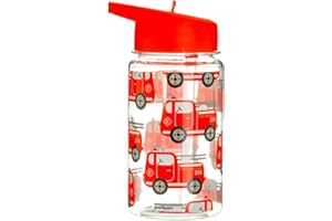 Sass & Belle Drink Up Feuerwehrauto Wasserflasche – 400 ml BPA-freie wiederverwendbare Trinkflasche mit Strohhalm – auslaufsicher, leicht, rotes Feuerwehrauto-Design für Schule, Reisen, Sport