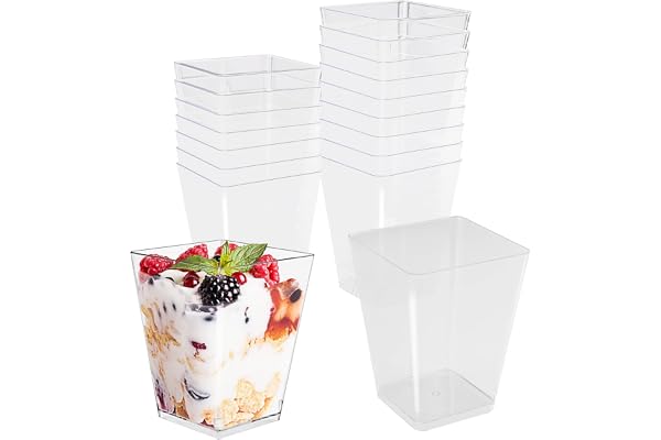 Vexillic dessertglas plast 150 ml, 50 stycken dessertkoppar fyrkantiga dessertkoppar återanvändbara gör-det-själv dessertskålar för glass pudding mousse party picknick