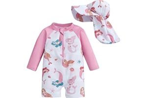 Geagodelia Toddler Baby Girl Swimsuit and Hat Zip Up Long Sleeve All in One Swimming Costume UV Sun Protection Swimwear One Piece Swimming Suit Rash Guard Sunsuit