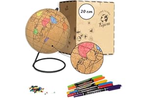 TRIPVEA® - Globus aus Kork mit Marker 20 cm– Weltkugel Vintage-Kork zum Ausmalen – Dekoration zum Thema Reisen – originelle und kreative Geschenkidee für Geographie-Enthusiasten - Höhe = 20 cm