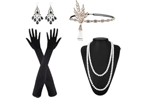 VIKSAUN 1920s Accesorios Set, Años 20 Fiesta Disfraz, Collar con Diadema con Aleta, Pendientes, Guantes Negros Largos, Accesorios Great Gatsby para Mujer, para Fiestas Temáticas