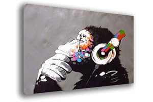 PRINTERLAND.IT Quadro Moderno BANKSY Dj Monkey Quadri moderni da Parete grande XXL Stampa su tela Canvas Decorazione muro Murale pittori arte Soggiorno Arredo Camera da letto Cucina (Banksy, 70x100 centimetri)