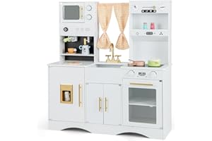 GYMAX Set di Cucina Giocattolo per Bambini, Cucina Giocattolo in Legno con Macchina del Caffè, Fabbricatore di Ghiaccio, Forno a Microonde, Forno, Lavello, Cucina per Bambini dai 3+ Anni (Bianco)