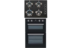 SIA 60cm Built In Double Electric Fan Oven & 4 Burner Black Gas On Glass Hob