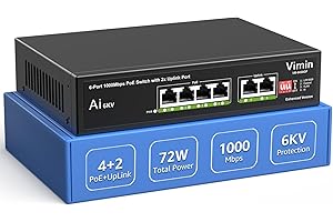 Switch Gigabit PoE de 6 Puertos con 4 Puertos PoE, VIMIN Switch de Red PoE de 4 Puertos no Gestionado 10/100/1000Mbps con 2 Puertos Uplink, AI Watchdog, VLAN, Extender 250m, Soporte IEEE802.3af/at