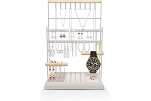 TFSZE Stojak na biżuterię, 4-poziomowy stojak na biżuterię, aksamitna taca, stojak na biżuterię z podstawą na pierścieniu, do naszyjników i bransoletek, kolczyków (biały)