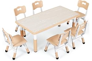 MAMIZO Kids Table with 6 Chairs, Adjustable Height Children's Table Chair Set for Nursery and Children's Room, Plastic Children's Furniture, Seating Set for Boys Girls, Yellow