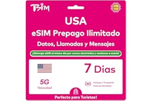 TSIM USA eSIM 7 Días. Red T-Mobile con Datos Ilimitados de Alta Velocidad, Llamadas Locales y Mensajes en USA (Hawái Incluido). Obtén eSIM Mismo Día por Correo Electrónico y Comienza a Usar Inmediatamente