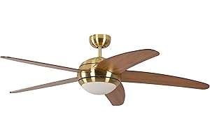 Ventilateur de plafond Melton par Pepeo avec eclairage et télécommande incluse revêtement laiton, pâles en érable-miel, 132 cm