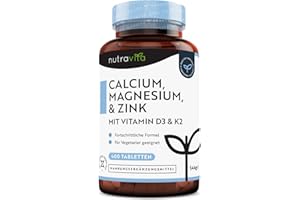 ‎NUTRAVITA Calcium Magnesium Zink - 400 Hochdosiert vegetarische Tabletten (6 Monate) - Magnesiumoxid mit Vitamin D3, K2, Selen, Mangan - Komplex mit 600mg Kalzium pro Tagesdosis - Knochen + Muskeln - Nutravita