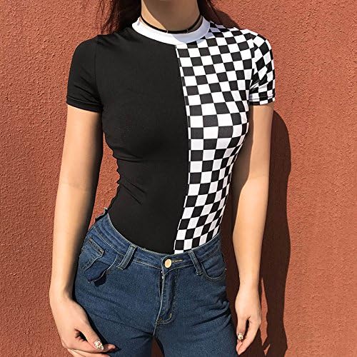 GUYIVVU Women'S Jacket Lace Wild Women'S Clothes Party Attracts The Eye-Catching Summer Black And White Hit Color Checkerboard Short-Sleeved Jumpsuit Jacket Take The Bottom Shirt Tight Skinny Female,Black And White,L