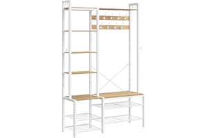 VASAGLE Hall Tree with Bench and Shoe Storage, Hallway Coat Rack with Shoe Bench and 5 Storage Shelves, 9 Coat Hooks and 6 Side Hooks, 140 x 120 x 190 cm, Golden Oak and Cloud White HSR426Y01