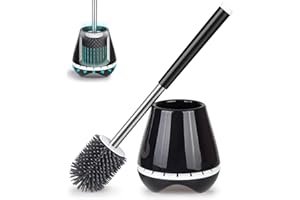 Silicone Toilet Bowl Cleaner Brush and Holder Bathroom Cleaning Brush- MEXERRIS Rubber Toilet Brush with Holder Toilet Scrubber Brush With Tweezers for Bathroom Storage and Organization Black