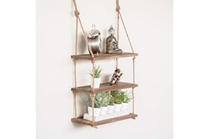 Homezone® 3 Tier Vintage Shabby Chic Shelving With Rope Shelf Rustic Floating Shelf Multiple Tiered Shelving Wall Hanging Storage Home Storage Organisation (3 Tier Vintage Rope Shelf)
