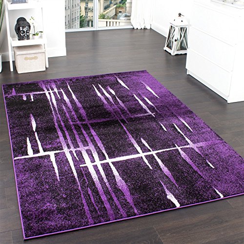 Designer Teppich Modern Trendiger Kurzflor Teppich in Lila Schwarz Creme Meliert, Grösse:160x220 cm