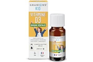 GRANIONS KID BIO VITAMINE D3 - Compte gouttes 20 ml - 200 UI par goutte - Double action CROISSANCE OSSEUSE et IMMUNITE - Origine végétale - Absorption optimale - Goût neutre - Vegan