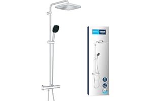 GROHE Vitalio 250, Duschsystem wassersparend 8l pro Min (Regendusche mit Thermostat, schwenkbare Kopfbrause, Sicherheitssperre bei 38C°, Duscharmatur mit Antikalk-System), eckig, chrom, 26696001