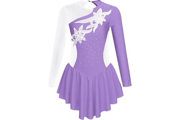 Yihuimin Robe de Patinage Artistique pour Fille Enfant Strass Justaucorps Danse Compétition Gymnastique Manche Longue Robe Patinage sur Glace