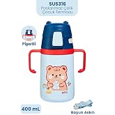 400 ML 316L Paslanmaz &Ccedil;elik Pipetli &Ccedil;ocuk Termosu Taşıma Kulplu Askılı &Ccedil;ift Duvar -FFR400ML4011 Lacivert