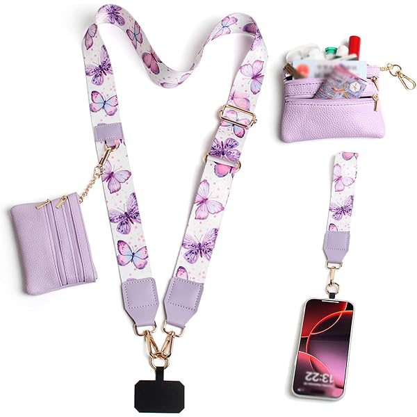 Cordino Cellulare KASESSS Con Portamonete Regolabile – Tracolla In Poliestere, Porta Monete In PU, Fiore Viola, Per Smartphone E Accessori