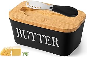 WEXOMA Butterdose mit Holzdeckel, Butterdose Keramik mit Buttermesser, Multifunktion Butterdose Porzellan, 250 g Butter Dish, Butterglocke, Butterbox für Haushalt und Küche (Schwarz) Butterform