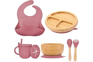 MORIASTER Baby Crockery Set Bamboo Children's Plate & Bowl & Silicone Spoon & Bib Water Cup Baby Food Set Free BPA (Pink)