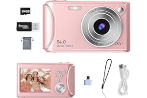 CIENXUAN Digital Camera 1080P FHD 64MP with 2.4" LCD Screen,18X Digital Zoom, Compact Portable Vlogging Camera with 64gb SD Card and Type-C OTG Adapter for Kids Teen Students Beginner (Pink)