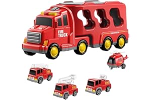 MINEUP Fire Engine Toys, 5 In 1 Fire Truck Toy with Sound & Light, Helicopter, Ladder Truck, Sprinkler, Fire Car Carrier Transport Vehicle, Friction Power Fires Engine Toy for Christmas Birthday Gifts, Red