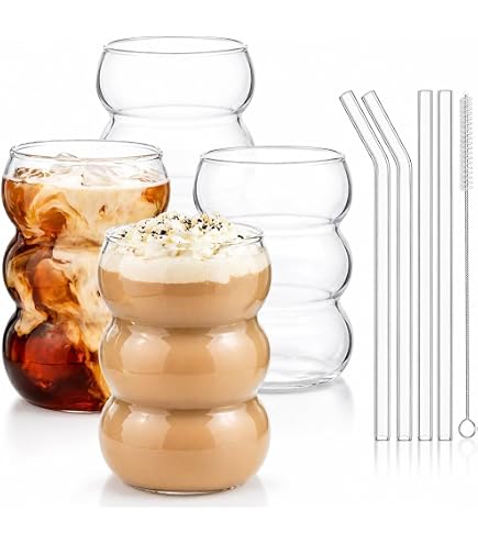 Geripptes Glas, 2 Stück, Trinkgläser, Eiskaffee-Glas, 420 ml, Vintage-Glas, Tassen, gewelltes Glasgeschirr für Boba-Smoothie, Wasser, Saft, Bier, Cocktail, gerippte Gläser, Eiskaffeetasse, Glaswaren Küche, Haushalt & Wohnen