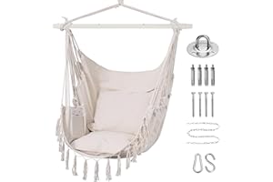 Goutime Indoor Hammock Chair Swing with Pocket, Macrame Hanging Chairs for Bedroom, Max 330 Lbs (Beige)