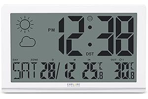 Explore Scientific RDC8001 Orologio da Parete Jumbo Radio-Controllato, Visualizza temperatura interna/esterna, 1 Sensore incluso, Previsioni del Tempo ad icone, Bianco