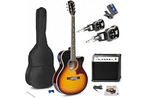 MAX ShowKit Elektro Akustik Gitarre Set mit Verstärker 40 Watt, Gitarrentasche, Gitarrenstimmgerät, Kabel, Plektrum und Sender & Empfänger, E Akustikgitarre mit Tonabnehmer - Sunburst