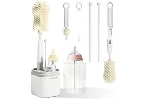 Home-X Baby Bottle Brush Set, 6 in 1 Complete Bottle Cleaning Brush Kit Travel & Home with Long Handle Silicone Baby Bottle Brush, Pacifier Brush, Cup Lid Straw Cleaner Brush, and Drainage Rack