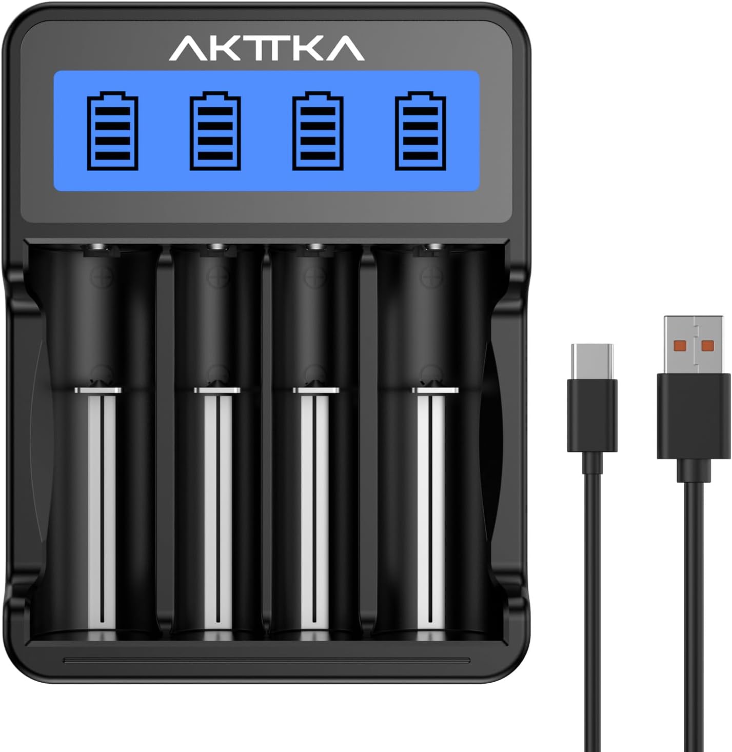 AKTTKA Cargador de Baterías 18650 Inteligente de 4 Bahías Indicador LCD Entrada Type-C/Micro-USB Compatible con Baterías Li-Ion de 3,7V (18650/21700) y Baterías NiMH de 1,2V (AA/AAA/C) Recargables