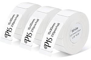 Pristar P15 Thermal Label Maker Tape 3 Rolls 15x30mm Self-Adhesive Thermal Paper Waterproof Anti-Oil Tear-Resistant White Stickers for Home, Office, School, 210 Labels/Roll
