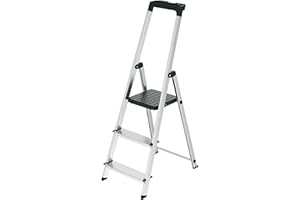 WERKA PRO Escabeau en Aluminium 3 Marches Pliable et Léger pour Usage Domestique et Professionnel avec Plateforme Antidérapante et Poignées de Sécurité - Taille Standard - Argenté