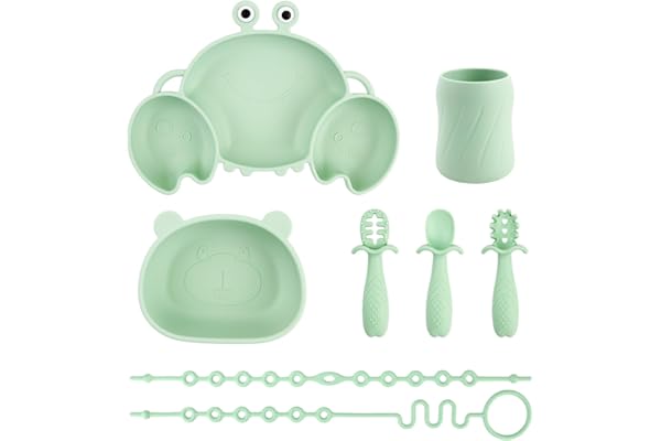 Set Vaisselle pour Bébé Silicone avec Ventouse, 8 Pièces, Set Repas pour Enfants, Inclus Anti-dérapant Assiette, Bol, une tasse, 3 cuillères et 2 sangles de sécurité, sans BPA (Vert)