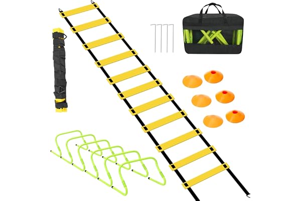 Vigevee Speed & Agility Training Set Echelle de Coordination, Kit d'entraînement Comprend 1 échelle d'agilité, 6 Obstacles réglables, 12 disques cônes, Sac de Rangement