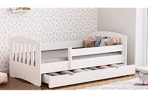 WFL GROUP Letto per Bambini con Materasso 140x70 160x80 180x80 con sponda anticaduta con barriera cassettone Estraibile e Telaio a doghe per Bambini e Bambine - Classico - Bianco - 80 x 180 cm