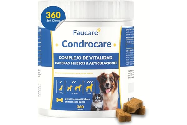 Condroprotector Perros 360 Masticables (1 Año) Colágeno Magnesio y Calcio, Mantenimiento Articular, Glucosamina, Condroitina, Cúrcuma, Vitality Complex para Movilidad, Huesos. Faucare
