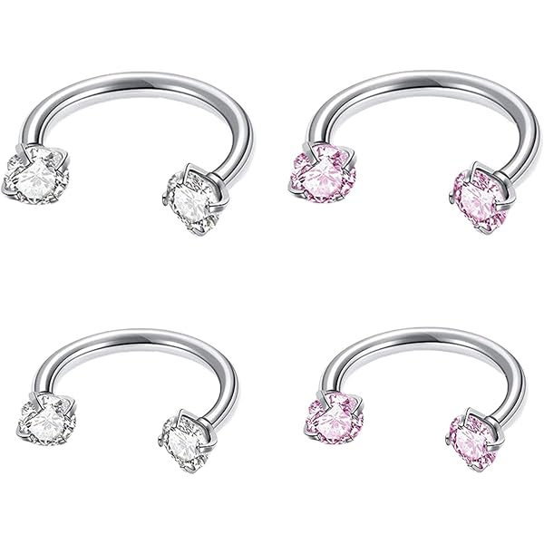 WillTen 2 stuks hoefijzer neusring sieraden septum piercing 18G 20G roestvrij staal dubbele edelsteen hoefijzer piercing U-vorm halve cirkel 6mm 8mm zilver goud, 6 mm, 8 mm, Roestvrij staal