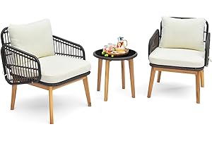 COSTWAY 3PCS Rattan Bistro Set, String Garden Furniture Set with 2 Armchairs, Glass Coffee Table, Cushions and Acacia Wood Legs, Outdoor Wicker Conversation Table Chair Set for Deck Yard Terrace