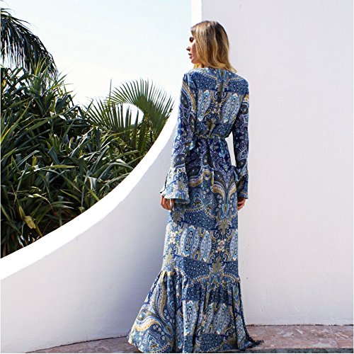 KE1AIP Frauen Boho lose V-Ausschnitt Strandabdeckung Langarm Side Slip Kleid bedruckte einstellbare Bandage Maxi-Kleid - 6