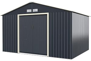 GOPLUS Redskapsbod 8,67㎡, 340 x 255 x 210 cm, Metallskjul med valmtak, 4 ventilationsfönster & skjutdörr, Metallskjul för trädgård & terrass