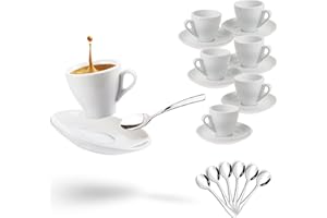Set Tazzine Caffè con Piattino e Cucchiaini da Caffè -6 Tazzine Caffè Bianche in Porcellana Robusta -Tazzine da Caffe, Tazzine Caffè con Cucchiaino, Set Tazzine Caffe Bianche, Set Caffe Ceramica