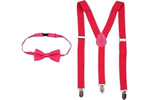 WedDecor Bambini Bretelle Fiocco Cravatta Set, Solido Colore Con Forte Clip, Unisex Regolabile Elastico Bretelle E Fiocco Cravatta Set per Matrimonio, Feste, Accessorio Alla Moda, 25mm Largo
