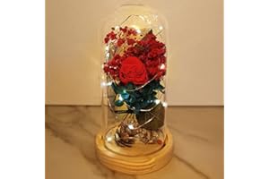UNIQICON Rosa Eterna, La Bella e La Bestia Rose Incantate,Elegante Cupola di Vetro con Base Pino Luci LED, Romantico Kit di Rose, Regalo per Donne, Mamma, Fidanzata, Anniversario, Matrimonio, Coppia Amica